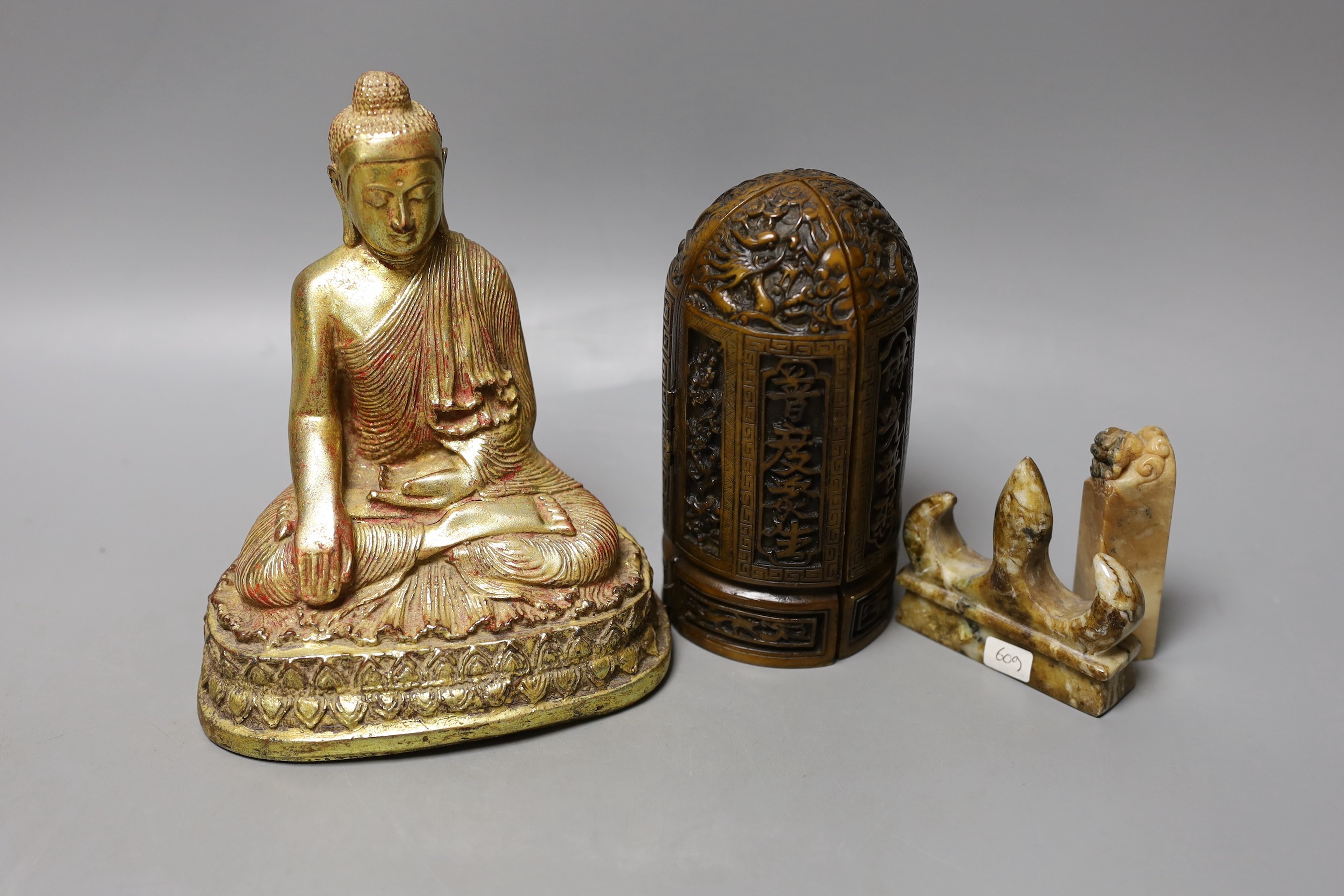 A group of Chinese soapstone carvings, a composition portable shrine and a Buddha figure (7)